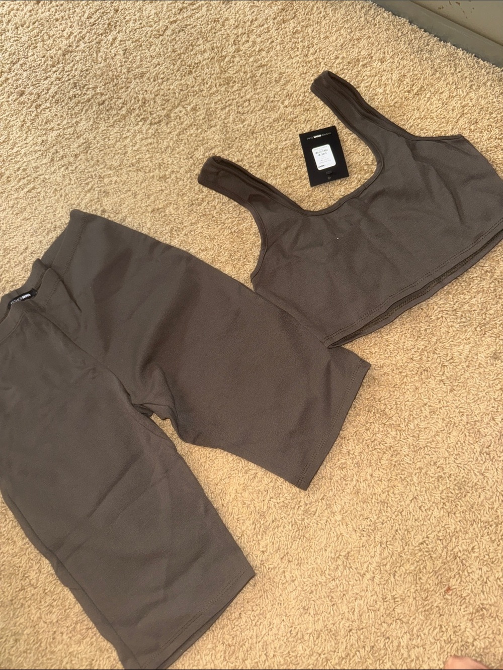 Fashion Nova Ribbed Two-Piece Bike Short & Crop Tank Set - Brown